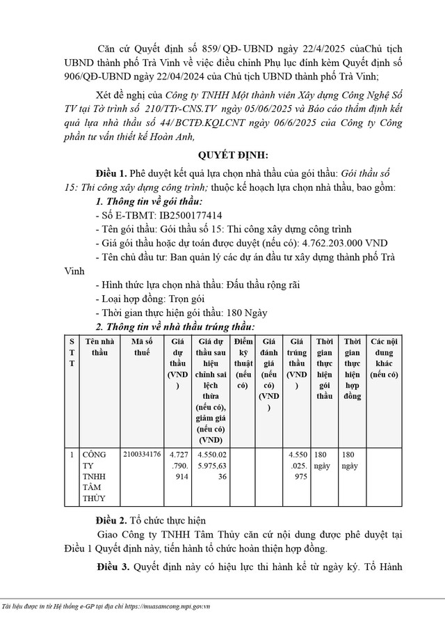 Trích quyết định số KQ2500177414_2506061401 phê duyệt cho công ty TNHH Tâm Thủy trúng Gói thầu số 15: Thi công xây dựng công trình thuộc dự án “Xây dựng hạ tầng và tái định cư Chợ Sóc Ruộng, xã Long Đức, thành phố Trà Vinh” (Nguồn MSC) qd-401-2.jpg