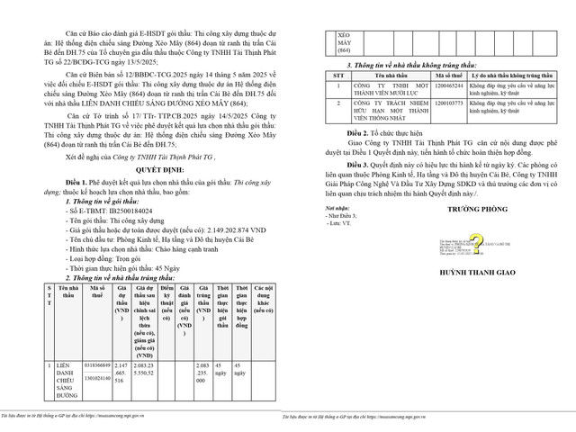 Trích Quyết định số KQ2500184024_2505151613 phê duyệt cho Liên danh Chiếu sáng Đường Xẻo Mây (864) (Công ty TNHH Thương mại Dịch vụ Đầu tư và Phát triển Công nghệ Thiên Phúc - Công ty TNHH MTV Xây dựng và Phát triển Đô thị Bến Tre) trúng thầu (Nguồn MSC) qd-613-trich.jpg