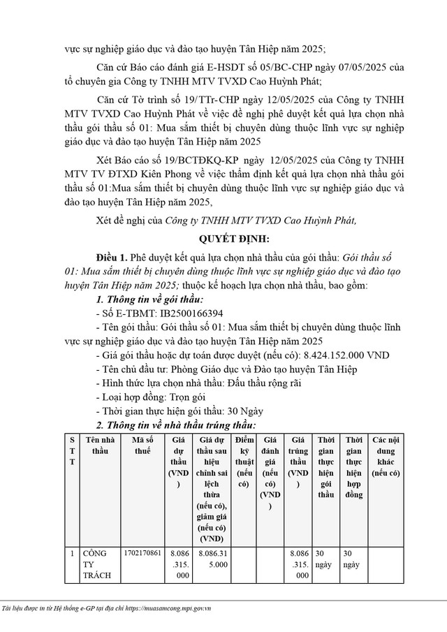 Trích quyết định số KQ2500166394_2505130933 phê duyệt cho Công ty TNHH Cao Đạt Phong trúng thầu (Nguồn MSC) qd-933-2.jpg