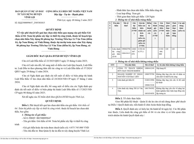 Trích quyết định số KQ2500099647_2505301015 phê duyệt cho Liên danh thi công gói thầu số 04 (Công ty TNHH MTV Đầu tư Xây dựng Trường Sơn Bạc Liêu - Công ty TNHH MTV Lê Uyên) trúng thầu (Nguồn MSC) qd-345-trich.jpg