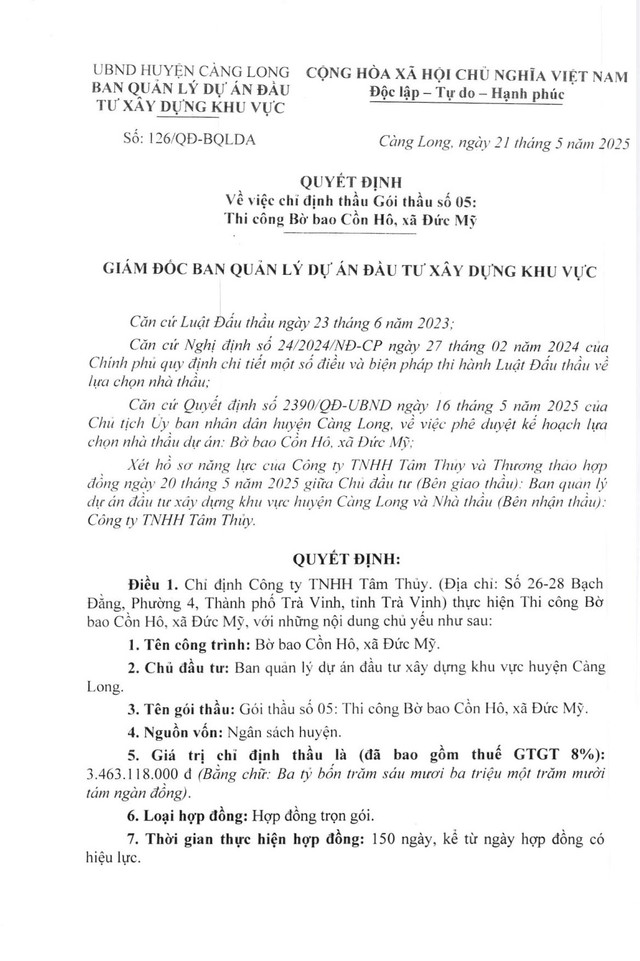 Trích Quyết định số 126/QĐ-BQLDA phê duyệt cho Công ty TNHH Tâm Thủy trúng thầu (Nguồn MSC) chi-dinh-thau.jpg