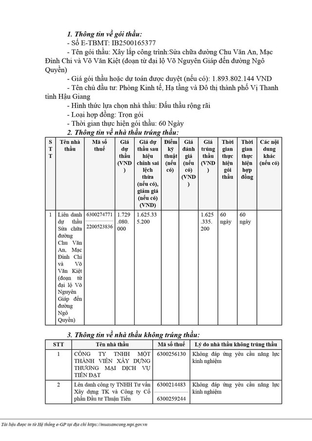 Trích quyết định số KQ2500165377_2505211447 phê duyệt cho Liên danh dự thầu Sửa chữa đường Chu Văn An, Mạc Đỉnh Chi và Võ Văn Kiệt (đoạn từ đại lộ Võ Nguyên Giáp đến đường Ngô Quyền) (Công ty Công Thành - Công ty TNHH Xây dựng Trường Lộc) trúng thầu (Nguồn MSC) z6745373947247-1674cd4033b7945168390ff1548af232.jpg