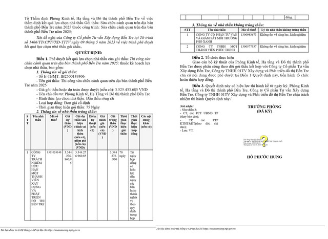 Trích quyết định số KQ2500139306_2505120912 phê duyệt cho Công ty TNHH MTV Xây dựng và Phát triển Đô thị Bến Tre trúng gói thầu “Thi công sửa chữa cảnh quan trên địa bàn thành phố Bến Tre năm 2025” (Nguồn MSC) qd-912-trich.jpg