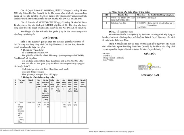 Trích Quyết định số KQ2500118369_2505201521 phê duyệt cho Công ty TNHH MTV Xây dựng Lương Hòa trúng thầu (Nguồn MSC) qd-521-trich.jpg