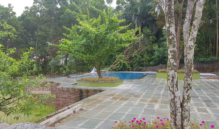 Phía trước nhà có bể bơi.