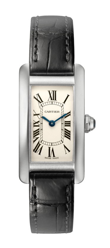 Cartier Tank là chiếc đồng hồ mẫu nhỏ được làm từ vàng trắng nguyên chất 18 carat. Nó hoạt động trên các chức năng Quartz và hiển thị giờ và phút chỉ trên mặt đồng hồ. Giá của nó là 101.000 USD.