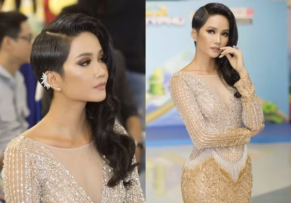 Trước đó, nàng hoa hậu tạo nên màn tranh cãi khi nối tóc dài một bên, mất đi hình ảnh cá tính thường thấy với tóc tém lại chưa tạo nên sự mềm mại nữ tính mà cô muốn hướng tới. Tuy nhiên, vóc dáng chuẩn không mỡ thừa được tôn lên triệt để qua đầm dạ hội ôm sát.