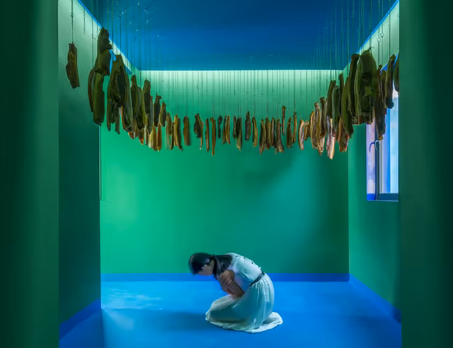 Ngôi nhà màu xanh sử dụng các thiết kế mái hình tam giác góc cạnh. Nằm cạnh nhau, hai ngôi nhà như sự bổ trợ và làm nổi bật lẫn nhau.