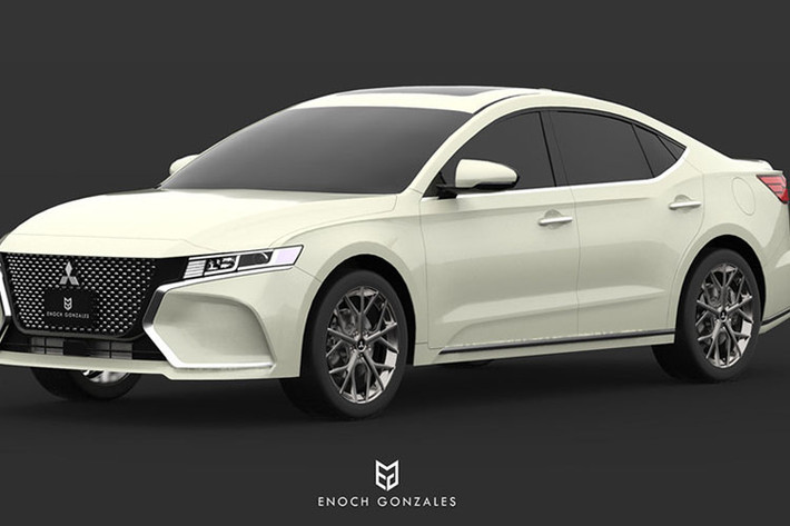 Hình ảnh phác thảo về mẫu sedan mới của Mitsubishi sở hữu thiết kế khá bắt mắt. Lưới tản nhiệt dạng hình thang ngước ấn tượng.