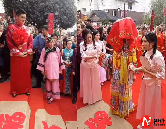 Trong buổi lễ cưới theo truyền thống Trung Quốc, cô dâu nhà tỷ phú được hàng chục người đón rước bằng kiệu. Bên cạnh đó còn có đội ngũ phục vụ đám cưới mặc trang phục truyền thống bao gồm hàng trăm người.