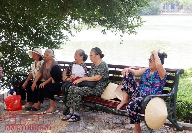 Các cụ già sống ở khu phố cổ ra bờ hồ Gươm tránh nắng nóng buổi trưa.