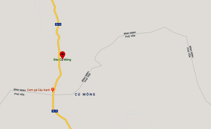 Đèo Cù Mông, nối ranh giới hai tỉnh Bình Định và Phú Yên trên quốc lộ 1. Ảnh: Google Maps.