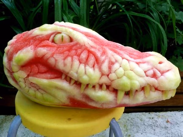 Cũng từ một trái dưa hấu, nghệ sĩ Clive Cooper còn tạo ra một chiếc đầu cá sấu đẹp xuất sắc như thế này. Ảnh Oddee.