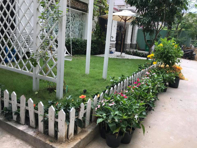 Phía trước căn biệt thự của Vy Oanh là khu vườn nhỏ xanh mướt mắt, trang trí cột đèn, xích đu giống như ở công viên.