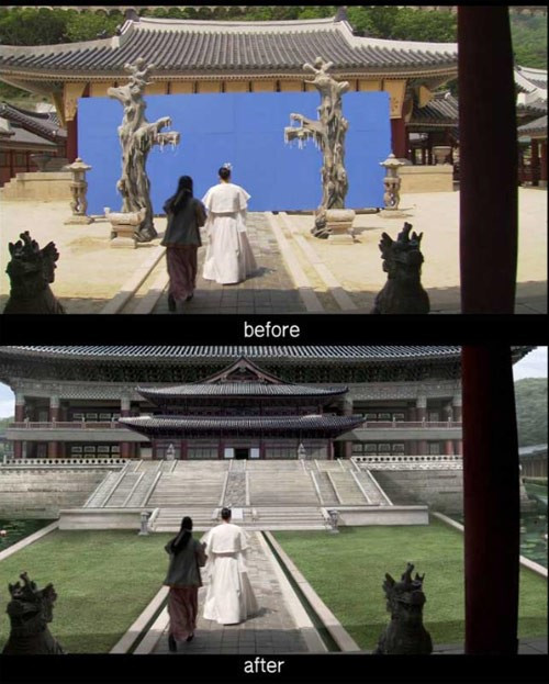 Bằng kỹ xảo vi tính, bối cảnh triều đình nguy nga được ghép cùng cảnh nhân vật đang bước đi. Ảnh: Zing.