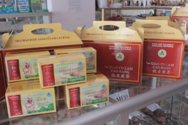 Trà Giảo cổ lam: Cây Giảo cổ lam là một trong những nguồn dược liệu quý của Cao Bằng. Giảo cổ lam được cho là có công dụng: giảm mỡ máu, ổn định huyết áp, phòng ngừa một số biến chứng bệnh tim mạch, tiểu đường.... Trà Giảo cổ lam Cao Bằng sản xuất dưới dạng trà túi lọc, nguyên liệu chính từ cây giảo cổ lam mọc tự nhiên trên vùng núi đá cao. Ảnh: Baocaobang.