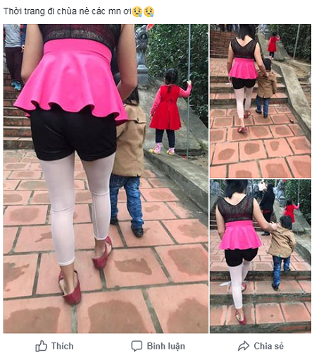 Mới đây, cộng đồng mạng liên tục truyền tay nhau chia sẻ những hình ảnh bị cho là phản cảm về gu ăn mặc của một bà mẹ bỉm sữa dẫn con đi lễ chùa ngày đầu năm. Cụ thể, bà mẹ này diện một bộ trang phục kết hợp không giống ai như: chân váy hồng ngắn cũn cỡn kết hợp với quần đùi, quần tất và áo ren lộ nội y.