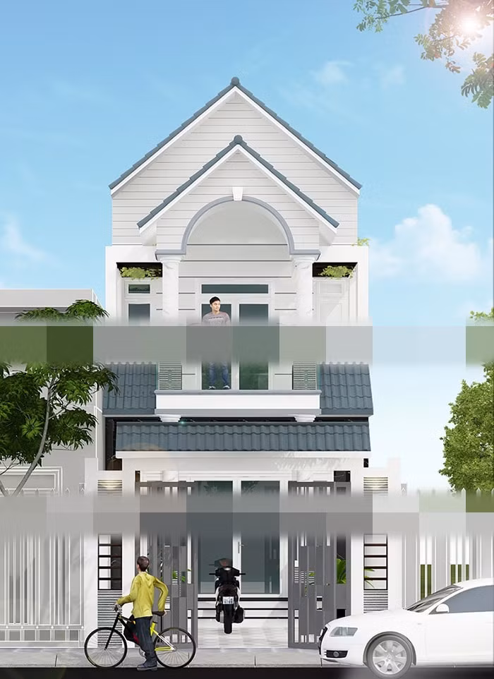 Mẫu nhà ống 2 tầng mái thái hiện đại có kết cấu kiên cố, với những đường nét khỏe khoắn. Ảnh: Xaydungnhadepmoi.