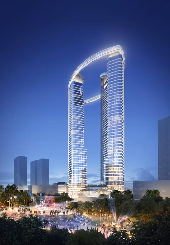 Tòa tháp đôi Cocobay Đà Nẵng thuộc Tổ hợp du lịch và giải trí Cocobay Đà Nẵng. Dự án được thiết kế trên quy mô 2 tòa tháp đôi với chiều cao 50 tầng. Ảnh: Cocobaydanang.
