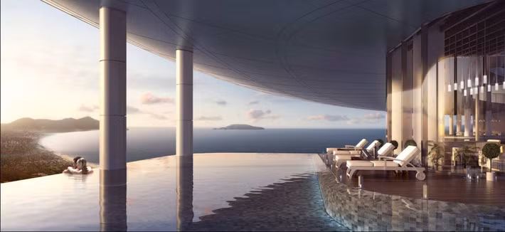 Tòa nhà bao gồm nhiều tiện ích xa hoa như hồ bơi vô cực trên tầng 47, nhà hàng và quán bar siêu sang trên đỉnh tháp...Ảnh: Cocobaydanang.