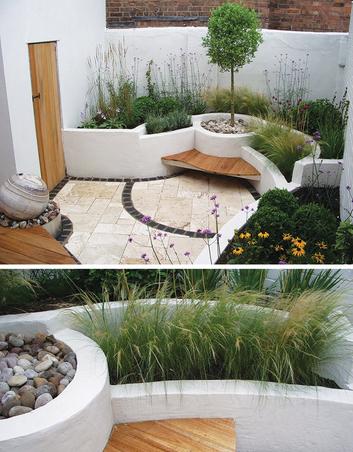 Nếu không thích những bồn hoa hình vuông hay hình chữ nhật truyền thống, bạn có thể biến tấu một chút bằng việc kết hợp thêm những đường cong, đường tròn để bồn hoa trang trí nhà bạn thêm mềm mại. Ảnh: Noithatmagazine.