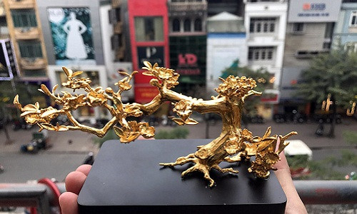 Dịp sát Tết Nguyên đán Mậu Tuất 2018 vừa qua, một doanh nghiệp ở Hà Nội đã tung ra bộ sản phẩm mai mạ vàng đặc biệt dành cho giới đại gia. Ảnh: Dân Việt.