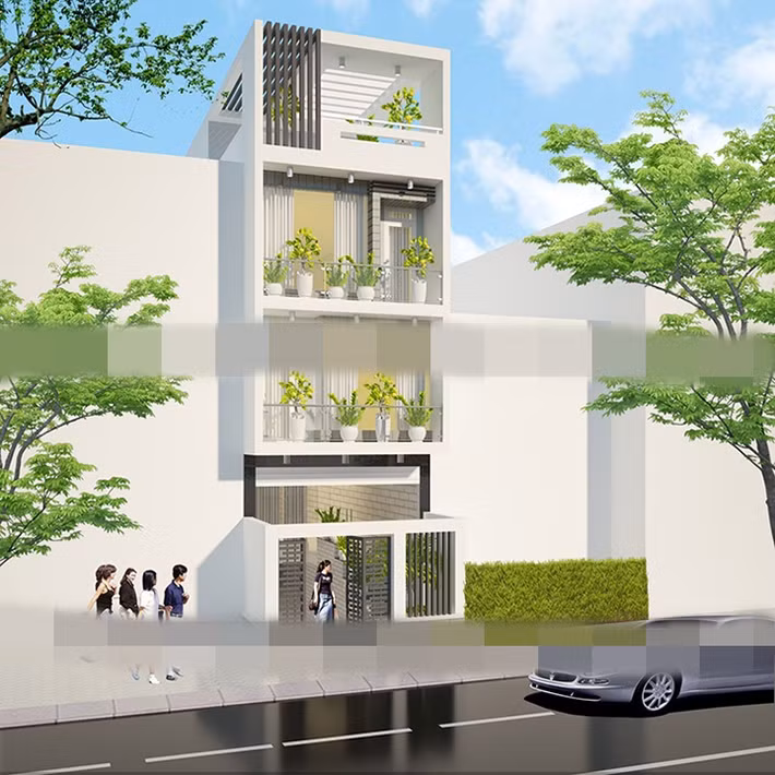 Mẫu nhà ống có tầng hầm sử dụng các khối hình học vuông vức xếp chồng, vừa giúp tôn lên nét đẹp kiên cố, bề thế lại giúp tô điểm nét hiện đại. Ảnh: Xaydungbietthudep.