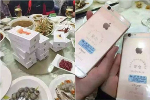 Một doanh nhân Trung Quốc đã tặng 39 chiếc iPhone 6S cho các bạn học cũ với giá trên 800 USD. Ảnh: Weibo.