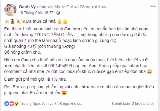 Mới đây, ca sỹ Vy Oanh gây chú ý khi rao bán căn biệt thự ở quận 1 (TP HCM) trên trang cá nhân. Ảnh: chụp màn hình FB.