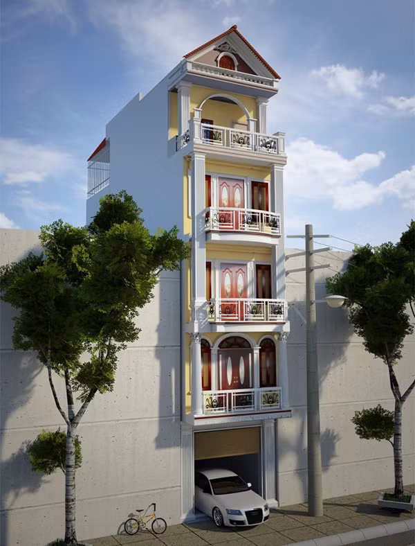 Nhà ống cổ điển 5 tầng có tính thẩm mỹ cao nhờ đường nét họa tiết trên mặt tiền ban công, tường nhà, cửa. Ảnh: Xaydungbietthudep.