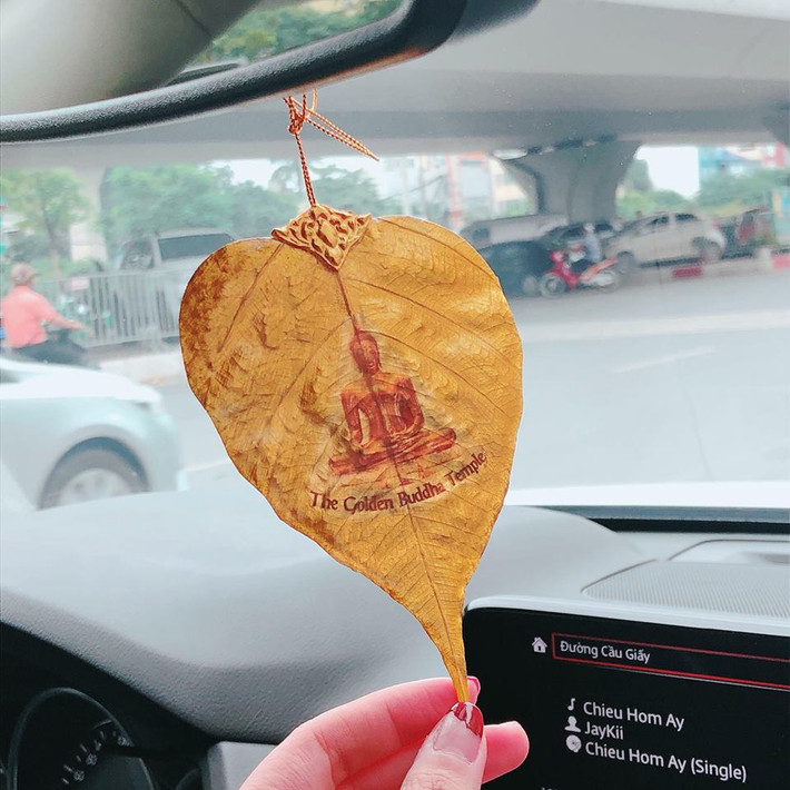 Không ít khách hàng còn treo lá bồ đề trong xe ô tô như một vật phong thủy may mắn. Ảnh: Ly Trang Đặng.