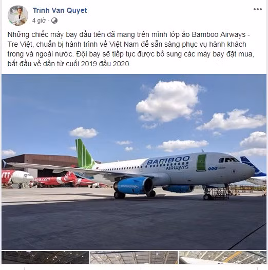 Ngày 23/10, trên trang Facebook cá nhân, ông Trịnh Văn Quyết - Chủ tịch HĐQT Công ty Cổ phần Tập đoàn FLC đã đăng tải những hình ảnh đầu tiên của chiếc máy bay Airbus khoác áo thương hiệu Bamboo Airways. Ảnh: FB Trinh Van Quyet.