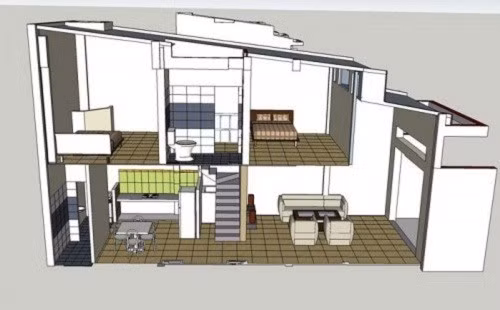 Nhà ống 1 tầng mái tôn có một phòng khách, phòng bếp + phòng ăn và khu vệ sinh giặt phơi đồ phía sau nhà. Ảnh: Ytuongnhadep.