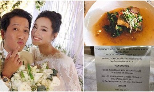 Có thể thấy cặp đôi Trường Giang - Nhã Phương đã chọn một menu sơn hào hải vị, chế biến chuẩn phong cách Tây đãi khách trong ngày trọng đại.