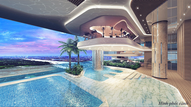  Phòng tập gym nổi là một trong những điểm gây ấn tượng của dự án, được thiết kế theo ý tưởng “mây tầng”, một sáng kiến từ đội ngũ tư vấn thiết kế Land Sculptor Studio (LSS). Xuất phát từ cảm hứng mang lại không gian độc đáo về thiết kế, các kiến trúc sư đã tạo ra khung cảnh mây bồng bềnh, lơ lửng như từ trên trời giáng xuống lắp vào khoảng trống của không gian này. Nhờ vậy, cư dân sẽ có trải nghiệm lý thú, góp phần nâng cao hiệu quả tập luyện.