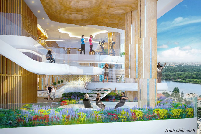 Phòng gym còn gây ấn tượng nhờ các bề đều bằng kính cường lực trong suốt, cao cấp, cách âm, cách nhiệt tốt và bền. Các phòng này được thiết kế như đám mây nổi lên từ một cầu thang xoắn ốc gần đó, xoay theo chiều dọc. Từng đợt mây liên tục kết hợp thành một vườn mây bồng bềnh, nhưng bên trong lại chứa phòng tập gym đầy phong cách.