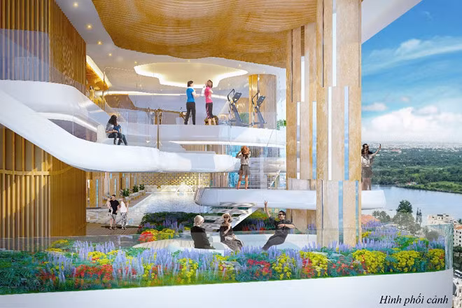 Phòng gym còn gây ấn tượng nhờ các bề đều bằng kính cường lực trong suốt, cao cấp, cách âm, cách nhiệt tốt và bền. Các phòng này được thiết kế như đám mây nổi lên từ một cầu thang xoắn ốc gần đó, xoay theo chiều dọc. Từng đợt mây liên tục kết hợp thành một vườn mây bồng bềnh, nhưng bên trong lại chứa phòng tập gym đầy phong cách.