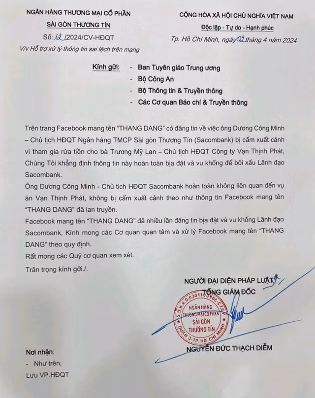 Sacombank bac thong tin Chu tich 'rua tien' cho ba Truong My Lan