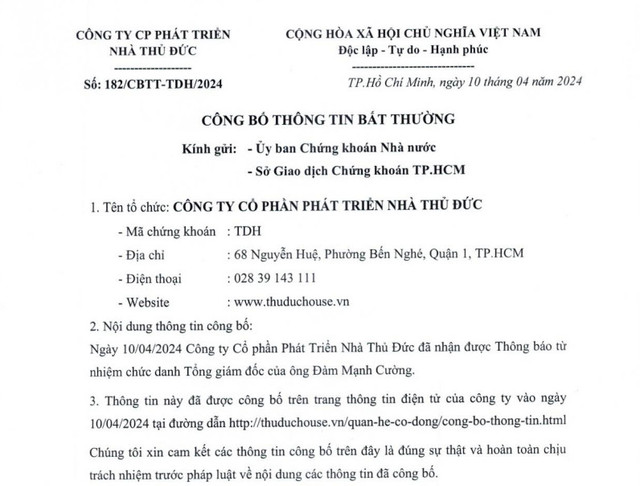 Tổng giám đốc Thuduc House gửi đơn xin từ nhiệm trong lúc lãi âm 62 tỷ đồng Tong giam doc Thuduc House gui don xin tu nhiem trong luc lai am 62 ty dong