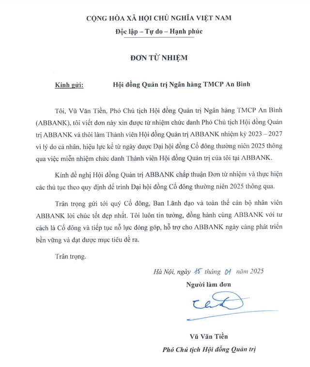 Ông Vũ Văn Tiền từ nhiệm chức Phó Chủ tịch ABBank Ong Vu Van Tien tu nhiem chuc Pho Chu tich ABBank