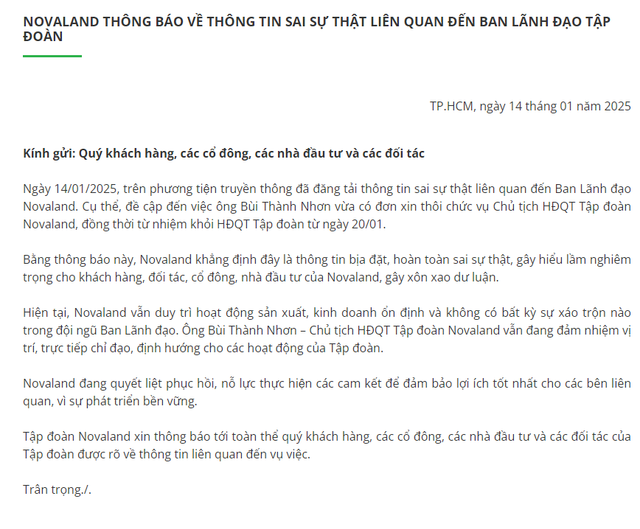 Novaland nói gì về thông tin Chủ tịch Bùi Thành Nhơn từ nhiệm? Novaland noi gi ve thong tin Chu tich Bui Thanh Nhon tu nhiem?