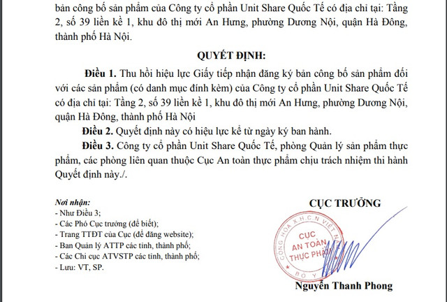 7 san pham cua Unit Share Quoc Te bi thu hoi giay tiep nhan dang ky ban cong bo