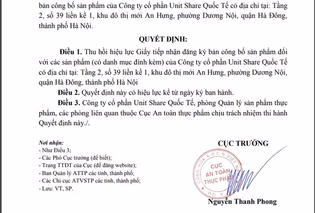 7 san pham cua Unit Share Quoc Te bi thu hoi giay tiep nhan dang ky ban cong bo