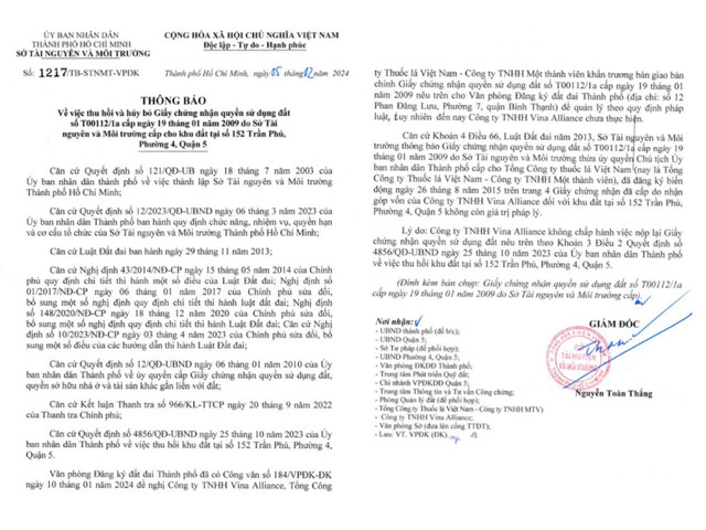 TP HCM: Thu hồi, hủy bỏ sổ đỏ khu 'đất vàng' 152 Trần Phú của Vinataba TP HCM: Thu hoi, huy bo so do khu 'dat vang' 152 Tran Phu cua Vinataba