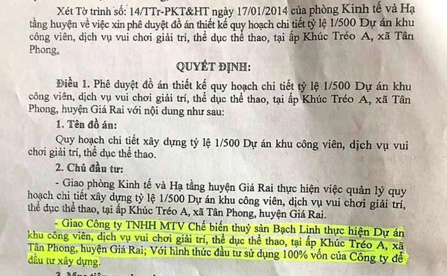 Quyết định do ông Đỗ Minh Thắng, khi đó là Phó Chủ tịch UBND huyện Giá Rai ký đã giao luôn cho Công ty Bạch Linh thực hiện dự án, dù chưa có phương án tổ chức đấu giá. Ảnh: Hoàng Hạnh