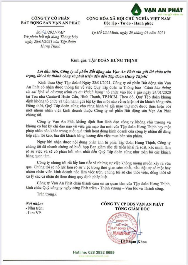 Tập đoàn Hưng Thịnh tố nhân viên Vạn An Phát tiếp cận, lôi kéo, lừa dối khách hàng - Hình 2 Tap doan Hung Thinh to nhan vien Van An Phat tiep can, loi keo, lua doi khach hang-Hinh-2