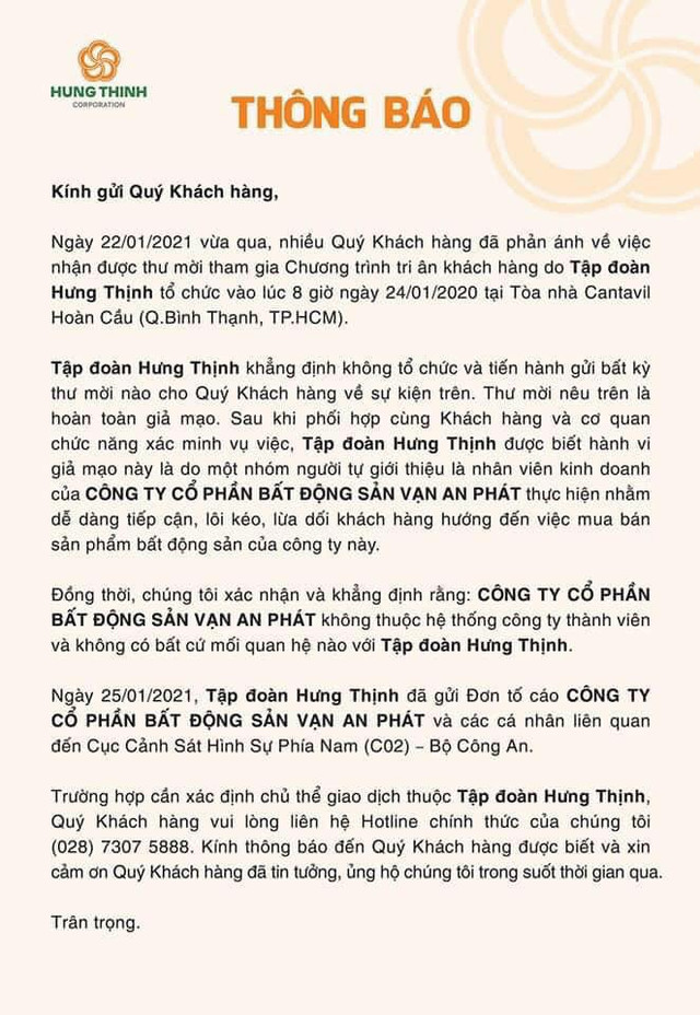 Tập đoàn Hưng Thịnh tố nhân viên Vạn An Phát tiếp cận, lôi kéo, lừa dối khách hàng Tap doan Hung Thinh to nhan vien Van An Phat tiep can, loi keo, lua doi khach hang