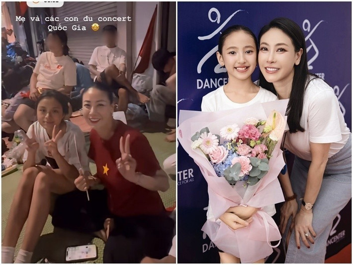 Trên trang cá nhân, Hoa hậu Hà Kiều Anh chia sẻ khoảnh khắc cùng con gái thứ ba ngồi vỉa hè chờ đợi xem diễu binh, diễu hành 2/9 tại Hà Nội. Ảnh: FB Hà Kiều Anh.