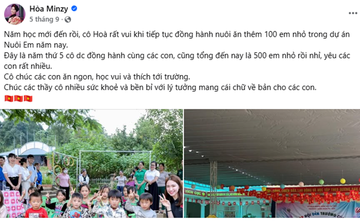 Tháng 8/2025, nữ ca sĩ chia sẻ thông tin về việc nuôi 400 em nhỏ với 600 triệu đồng trong dự án Nuôi Em từ năm 2021 đến năm 2024. Tháng 9/2025, Hòa Minzy cho biết, cô nuôi thêm 100 em nhỏ trong dự án Nuôi Em.