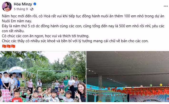 Tháng 8/2025, nữ ca sĩ chia sẻ thông tin về việc nuôi 400 em nhỏ với 600 triệu đồng trong dự án Nuôi Em từ năm 2021 đến năm 2024. Tháng 9/2025, Hòa Minzy cho biết, cô nuôi thêm 100 em nhỏ trong dự án Nuôi Em.